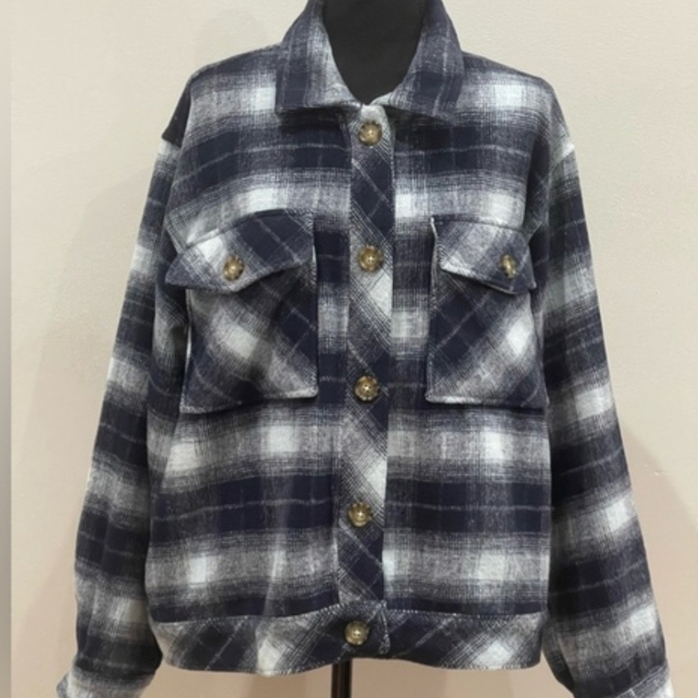 Time and Tru Navy and White Plaid Utility Shacket